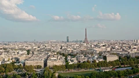 Wide rising drone shot of the Eiffel Tower Paris at sunset Stock Footage 162401623