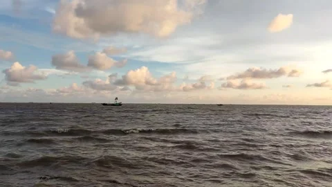 Wide River and Cloudy Evening Sky with Gentle Waves, Static Shot Stock Footage 342630968