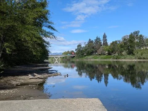 Wide river bordered by trees with bridge and passing cars ahead Stock Photos