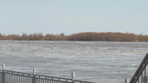 Wide river with floating ice blocks under a clear sky Stock Footage 332434476