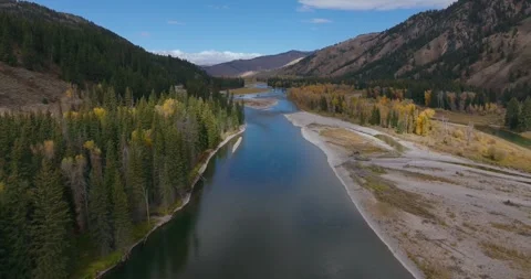 Wide River Flowing Through Forest Valley Wyoming Stock Footage 333416766