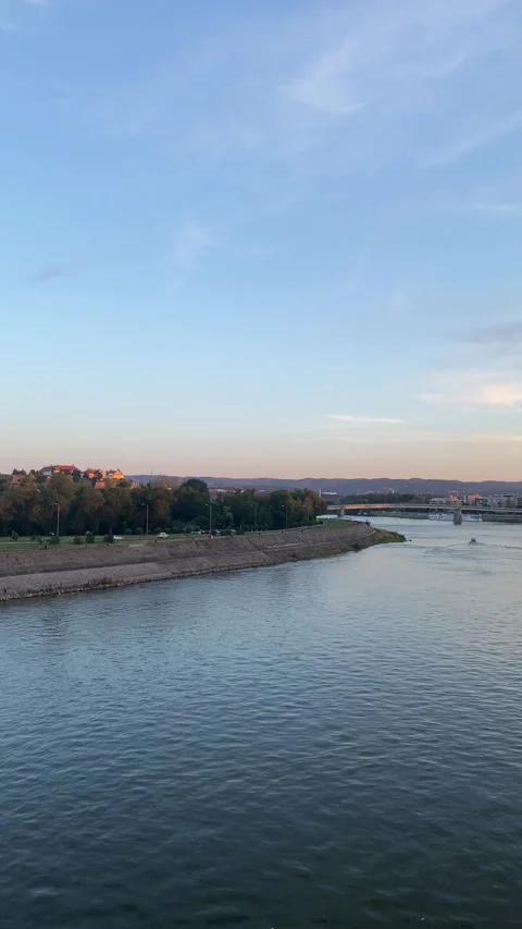 Wide river flowing by tree-lined bank, distant buildings, pastel sky, elevated Stock Footage 339480029