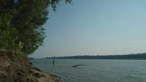 A wide river flows past a steep bank with green trees Stock Footage 339629977