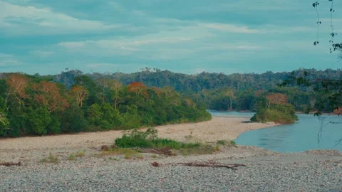 A wide river flows through lush Amazon rainforest with a rocky bank under a Video stock 345158479