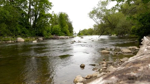 Wide river running over shallows Stock Footage 94599645