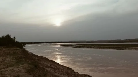 Wide river at sunset with golden reflection and tranquil landscape view 库存影片 333493334