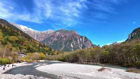 Wide Riverbed | Hotaka Mountains | Kamikochi - 4K Video Stock Footage 329052606