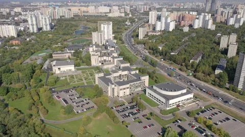 Wide rotating drone shot above MGIMO area Video stock 324545441