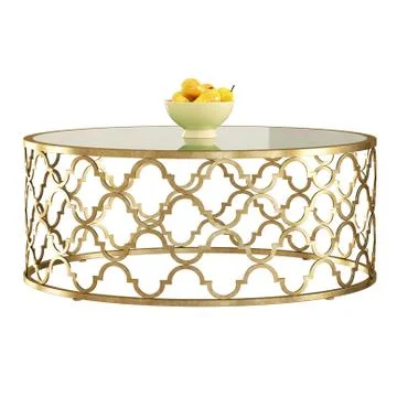 A wide round coffee table with a patterned base on a white background. 3d Stock Illustration