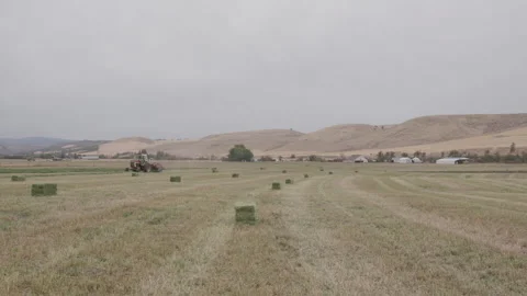 Wide rural scene of a tractor bailing hay on rolling hilled farmland Stock Footage 332255967