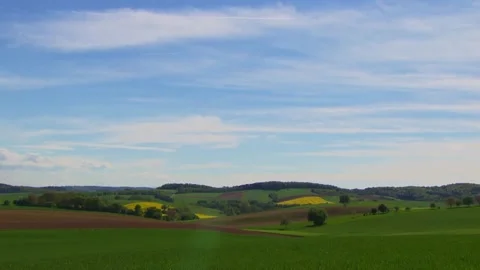Wide rural view of rapeseed fields and farmland in spring Stock Footage 324021274