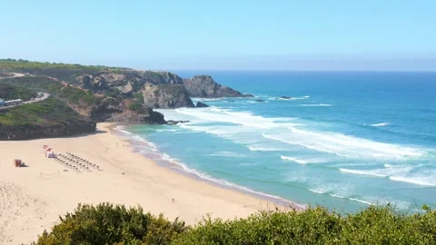 Wide Sandy Beach and Cliff Coastline Along Rota Vicentina Portugal Stock Footage 319132202