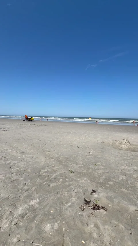 Wide sandy beach and ocean waves under a clear blue sky in the Netherlands. 스톡 동영상 344685659