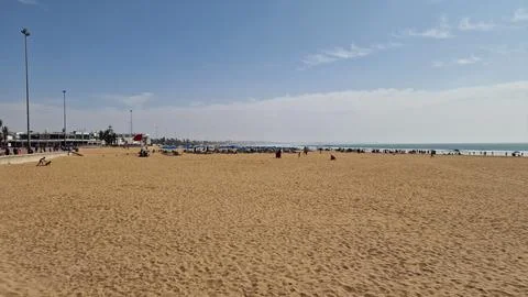 Wide Sandy Beach and Oceanfront Promenade in Agadir, Morocco Stock Photos