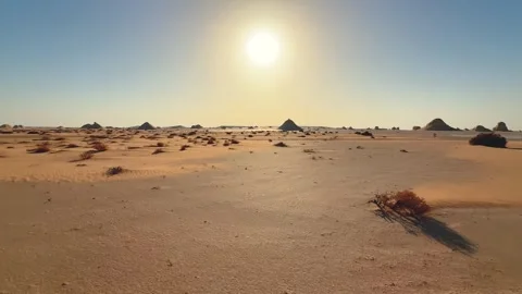 Wide sandy plain and desert shrubs and hot sun. View from moving fast car window 库存影片 340867608