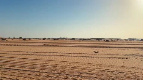 Wide sandy plain and desert shrubs seen from moving car window 스톡 동영상 340868080