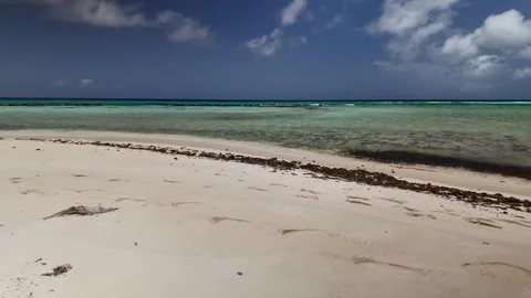 Wide scenic view of an empty tropical beach and a speedboat crossing the Stock Footage 342597208