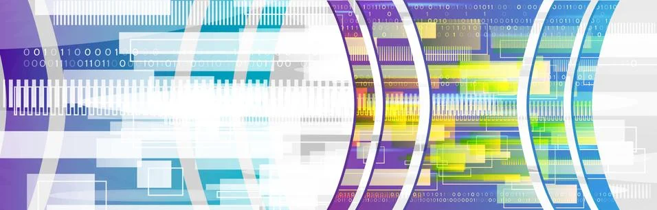 Wide Sci fi technology background with binary code and colorful lines. Futuri 스톡 일러스트