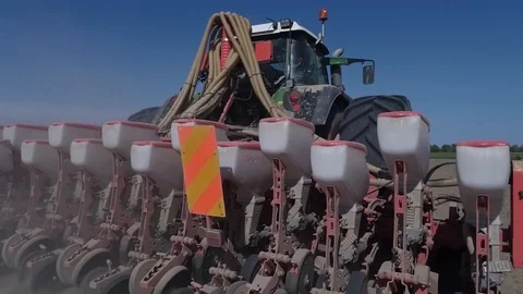 Wide seeding machine at work. Rear view Stock Footage 113296829