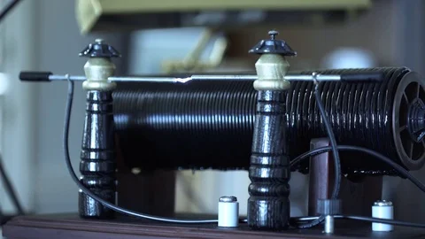 Wide shot of a 1912 spark gap transmitter being used 4k Stock Footage 82497983