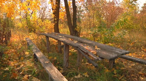 Wide Shot of bench and table at Gorodetske village in Zhytomyr province, Ukraine Stock Footage 45956156