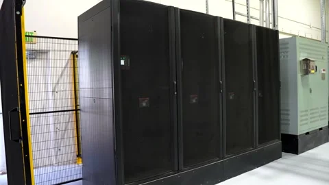 Wide Shot of Black Server Cabinets in Data Center Warehouse with Active Light Stock-Footage 341699829