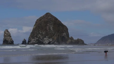 Wide Shot Boy At The Beach Haystack Rock Cannon Beach 库存影片 95140238