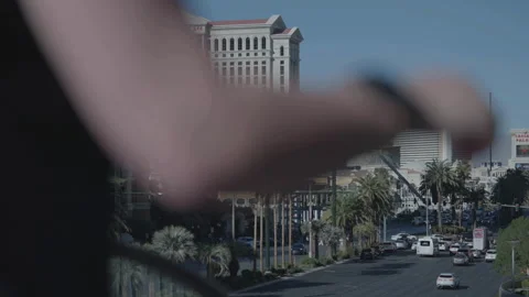 Wide shot Caesars Palace building on left 库存影片 336671847