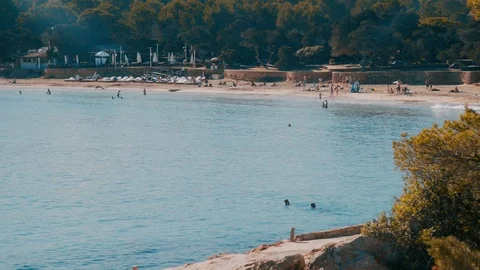 Wide shot of Cala Bassa beach Ibiza Stock Footage 124770853