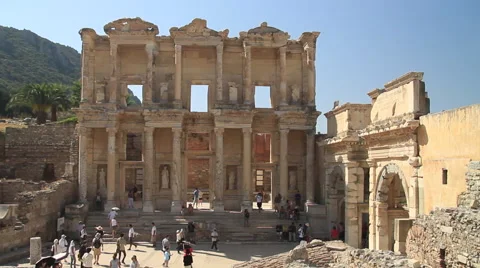 Wide shot of Celsus Library (Celcius Library) in Ephesus Stock Footage 42153567