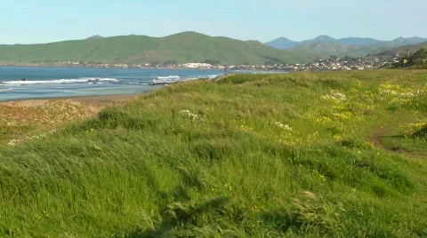 A wide shot of the Central California coast near Morro Bay Stock Footage