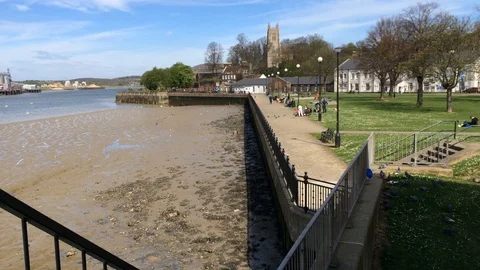 Wide shot of Chatham Library, Command House and River Medway Stock Footage 93866923