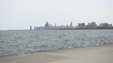 Wide Shot Chicago Skyline Lakefront (Slow Motion) Stock Footage