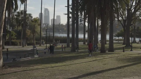 Wide Shot of City Park (Echo Park), view of Wilshire Grand Stock Footage 101657902