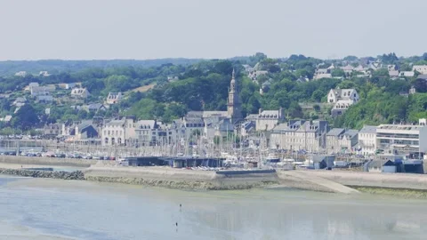 Wide shot of the coastal town of Binic in Brittany, France, showing the marina Stock Footage 346709533