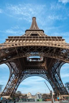 Wide shot of Eiffel Tower with blue sky in Paris Fotos de archivo