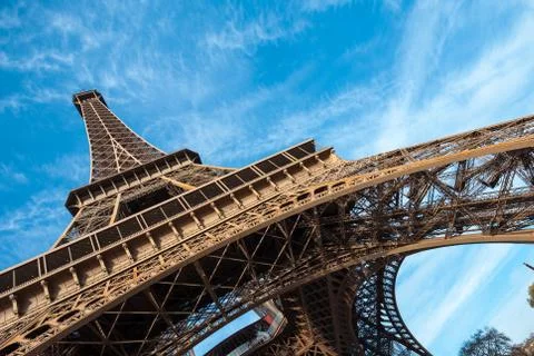 Wide shot of Eiffel Tower with blue sky in Paris Fotos de archivo