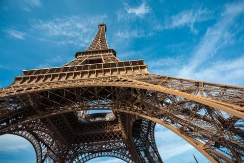 Wide shot of Eiffel Tower with blue sky, Paris, France. 스톡 사진