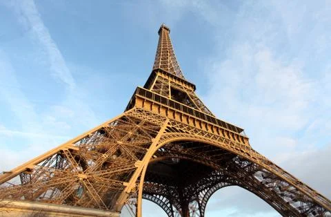 Wide shot of Eiffel Tower with dramatic sky, Paris, France Stock Photos