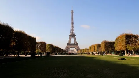 Wide shot of the Eiffel tower in Paris France on an autumn day Stock Footage 106356026