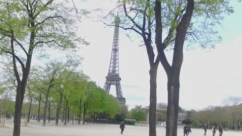 Wide shot of The Eiffel Tower in Paris, through the trees in Spring. Stock Video Stock Footage 135565837