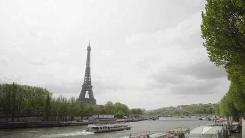 Wide Shot Of The Eiffel Tower In Paris, France With The River Seine In Stock Footage 205857769