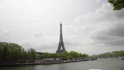 Wide Shot Of The Eiffel Tower In Paris, France View The River Seine In Stock Footage 205857877