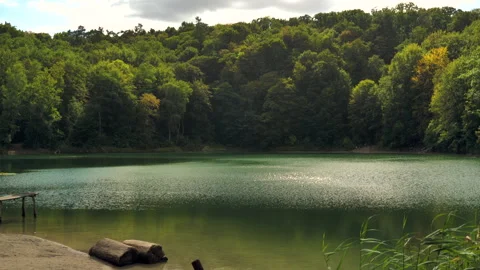 Wide shot of emerald forest lake with wooden pier Stock Footage 346538182