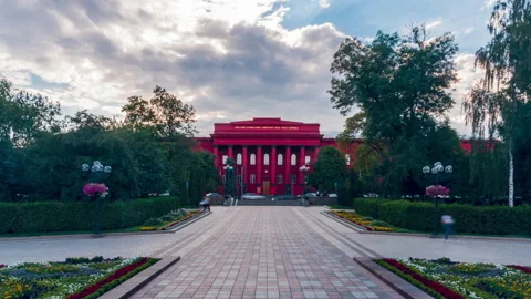 Wide Shot Of Facade Of Taras Shevchenko University In Kyiv, Timelapse Stock Footage 201106694