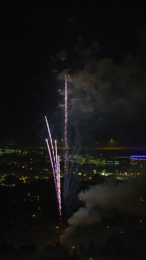 Wide shot of fireworks exploding in sky over cityscape at night  - vertical 库存影片 254628004