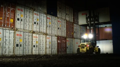 Wide shot of a forklift, stacking containers in a shipping yard as Stockbeeldmateriaal 128803366