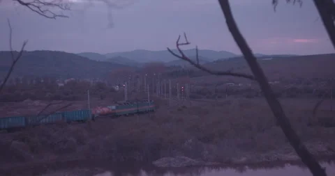 Wide Shot Freight Train Crossing Rural Landscape Beskid Sadecki Poland Stock Footage 330173528