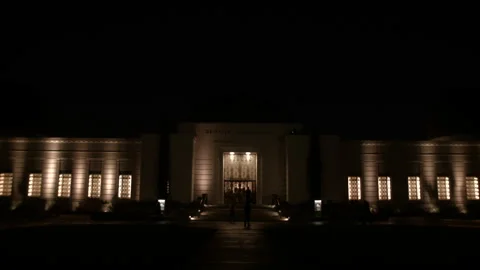 Wide shot Griffith Observatory main entrance and facade illuminated at night Stock Footage 329170990
