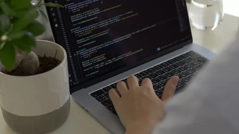 Wide shot of hands typing on laptop with dark code screen and ficus plant Stock Footage 345651815